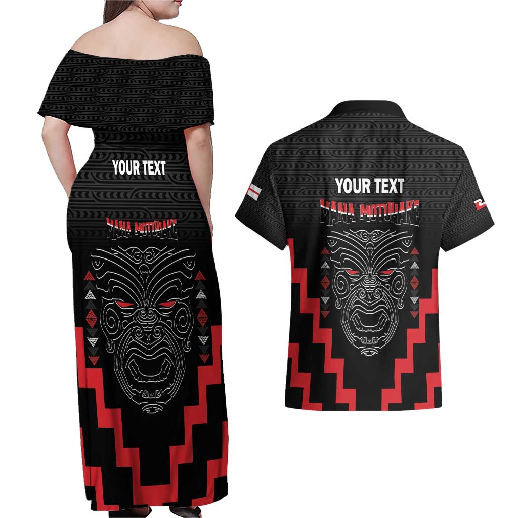 Personalised Toitu Te Tiriti Mana Maori Motuhake Couples Matching Off Shoulder Maxi Dress and Hawaiian Shirt Aotearoa Haka Face Mix Poutama Art LT14 - Polynesian Pride