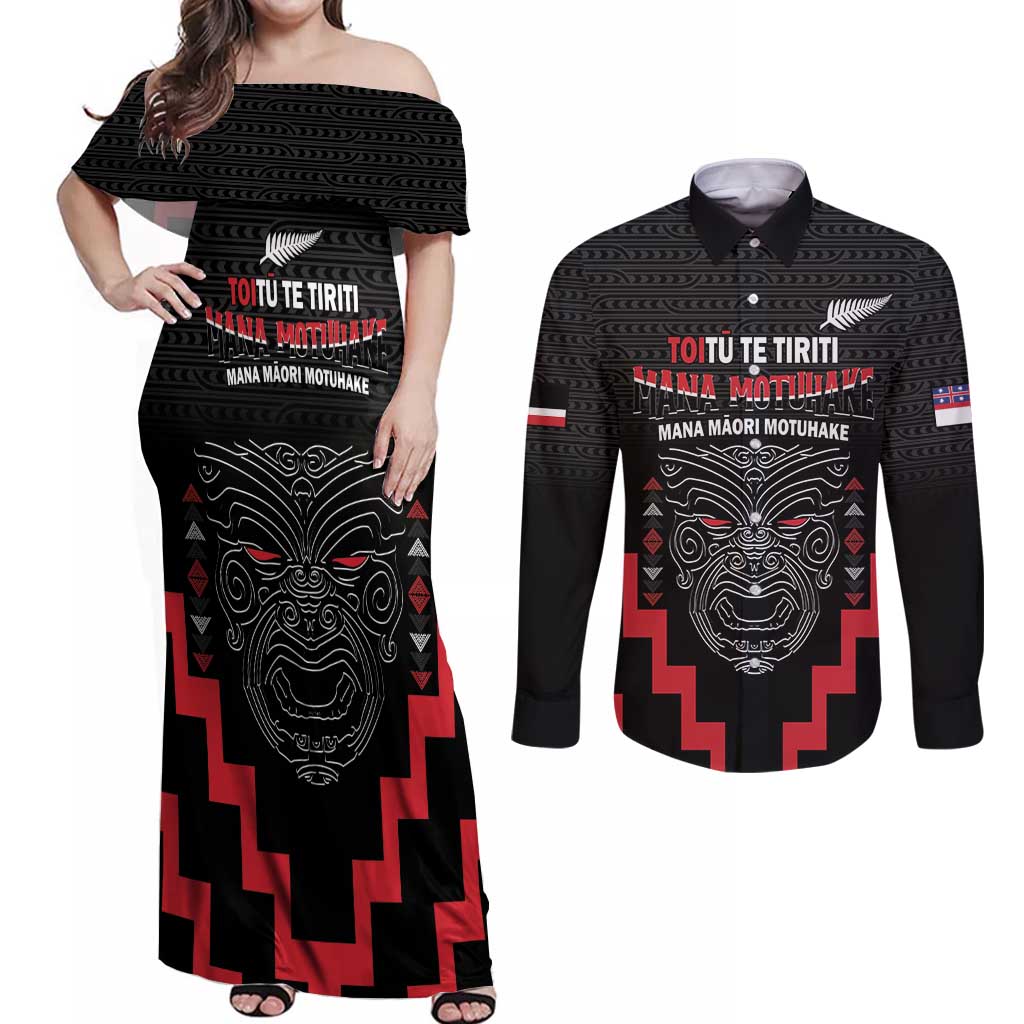 Personalised Toitu Te Tiriti Mana Maori Motuhake Couples Matching Off Shoulder Maxi Dress and Long Sleeve Button Shirt Aotearoa Haka Face Mix Poutama Art