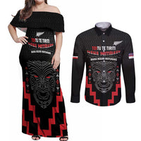 Personalised Toitu Te Tiriti Mana Maori Motuhake Couples Matching Off Shoulder Maxi Dress and Long Sleeve Button Shirt Aotearoa Haka Face Mix Poutama Art