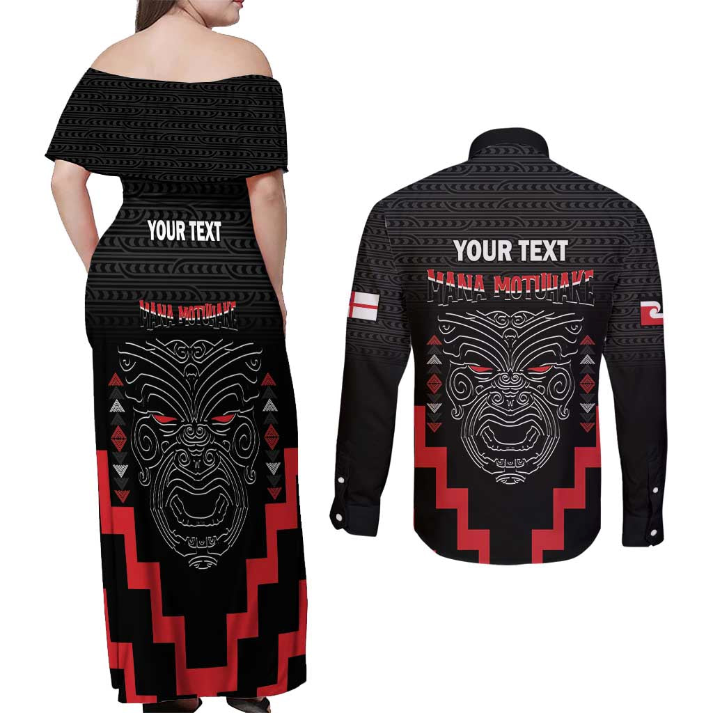 Personalised Toitu Te Tiriti Mana Maori Motuhake Couples Matching Off Shoulder Maxi Dress and Long Sleeve Button Shirt Aotearoa Haka Face Mix Poutama Art
