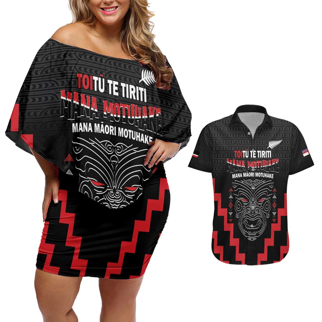 Personalised Toitu Te Tiriti Mana Maori Motuhake Couples Matching Off Shoulder Short Dress and Hawaiian Shirt Aotearoa Haka Face Mix Poutama Art