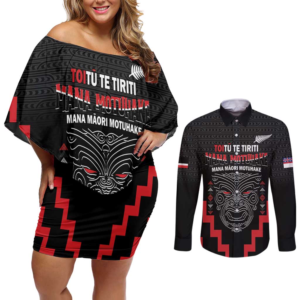 Personalised Toitu Te Tiriti Mana Maori Motuhake Couples Matching Off Shoulder Short Dress and Long Sleeve Button Shirt Aotearoa Haka Face Mix Poutama Art