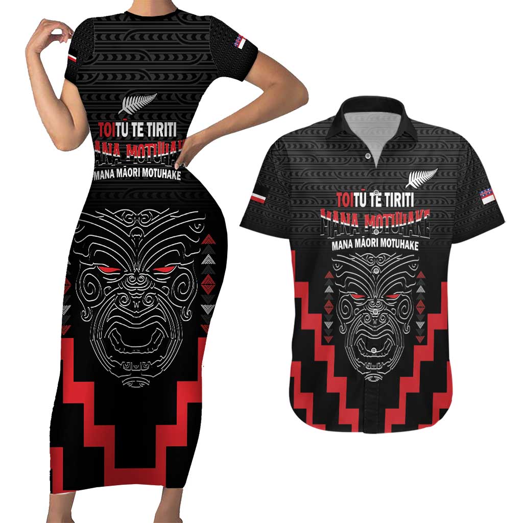 Personalised Toitu Te Tiriti Mana Maori Motuhake Couples Matching Short Sleeve Bodycon Dress and Hawaiian Shirt Aotearoa Haka Face Mix Poutama Art LT14 Black - Polynesian Pride