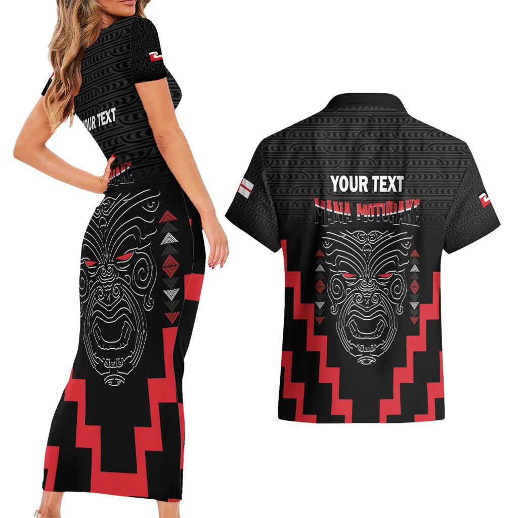 Personalised Toitu Te Tiriti Mana Maori Motuhake Couples Matching Short Sleeve Bodycon Dress and Hawaiian Shirt Aotearoa Haka Face Mix Poutama Art LT14 - Polynesian Pride