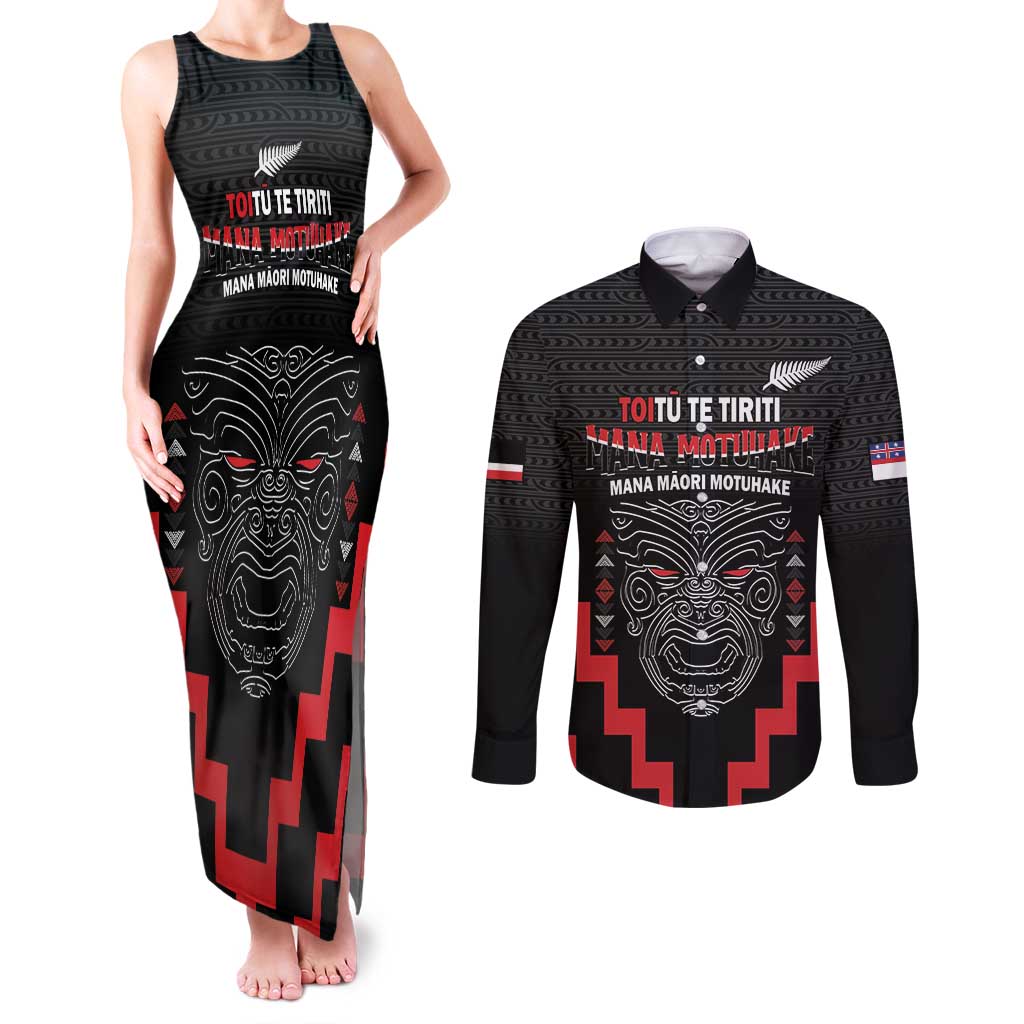 Personalised Toitu Te Tiriti Mana Maori Motuhake Couples Matching Tank Maxi Dress and Long Sleeve Button Shirt Aotearoa Haka Face Mix Poutama Art