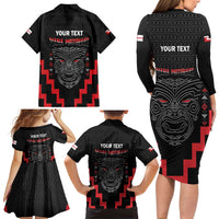 Personalised Toitu Te Tiriti Mana Maori Motuhake Family Matching Long Sleeve Bodycon Dress and Hawaiian Shirt Aotearoa Haka Face Mix Poutama Art LT14 - Polynesian Pride