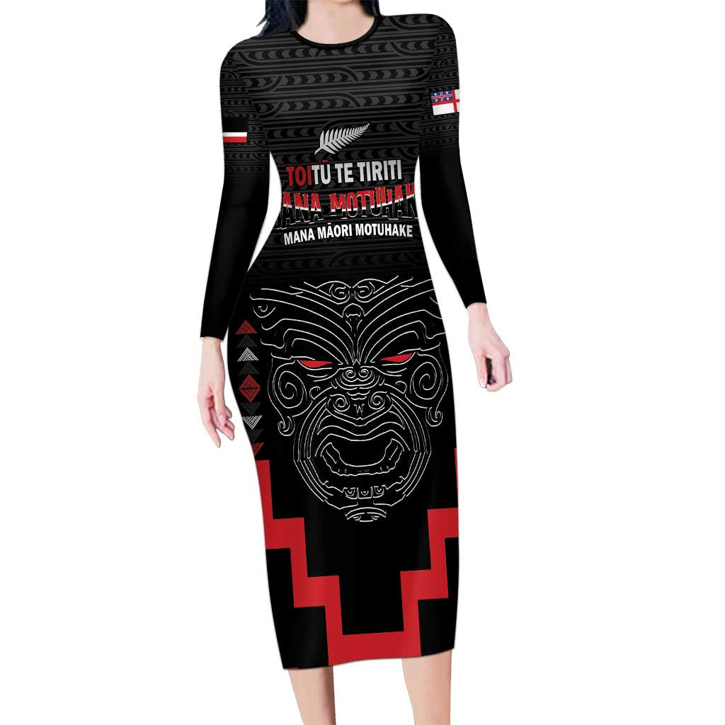 Personalised Toitu Te Tiriti Mana Maori Motuhake Family Matching Long Sleeve Bodycon Dress and Hawaiian Shirt Aotearoa Haka Face Mix Poutama Art LT14 Mom's Dress Black - Polynesian Pride