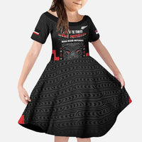 Personalised Toitu Te Tiriti Mana Maori Motuhake Family Matching Mermaid Dress and Hawaiian Shirt Aotearoa Haka Face Mix Poutama Art LT14 Daughter's Dress Black - Polynesian Pride