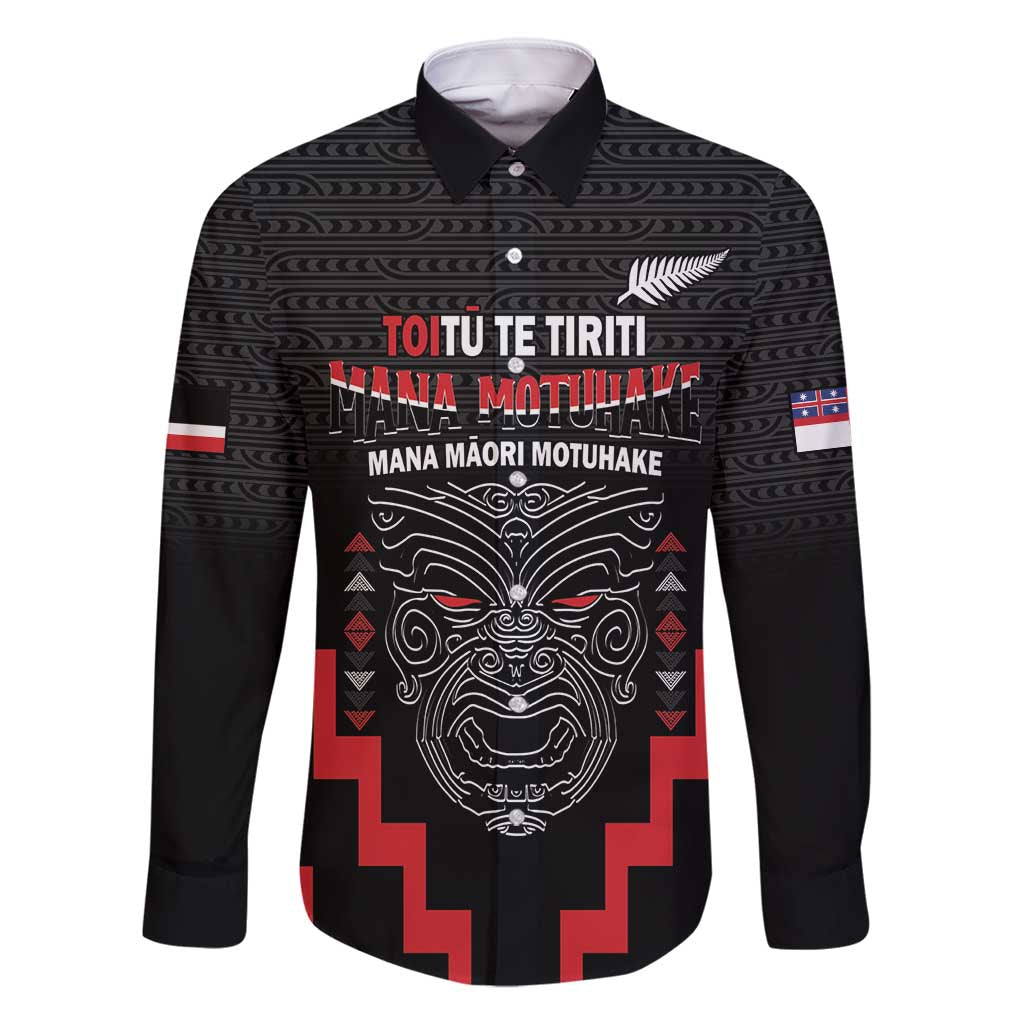 Personalised Toitu Te Tiriti Mana Maori Motuhake Family Matching Mermaid Dress and Hawaiian Shirt Aotearoa Haka Face Mix Poutama Art LT14 Dad's Shirt - Long Sleeve Black - Polynesian Pride