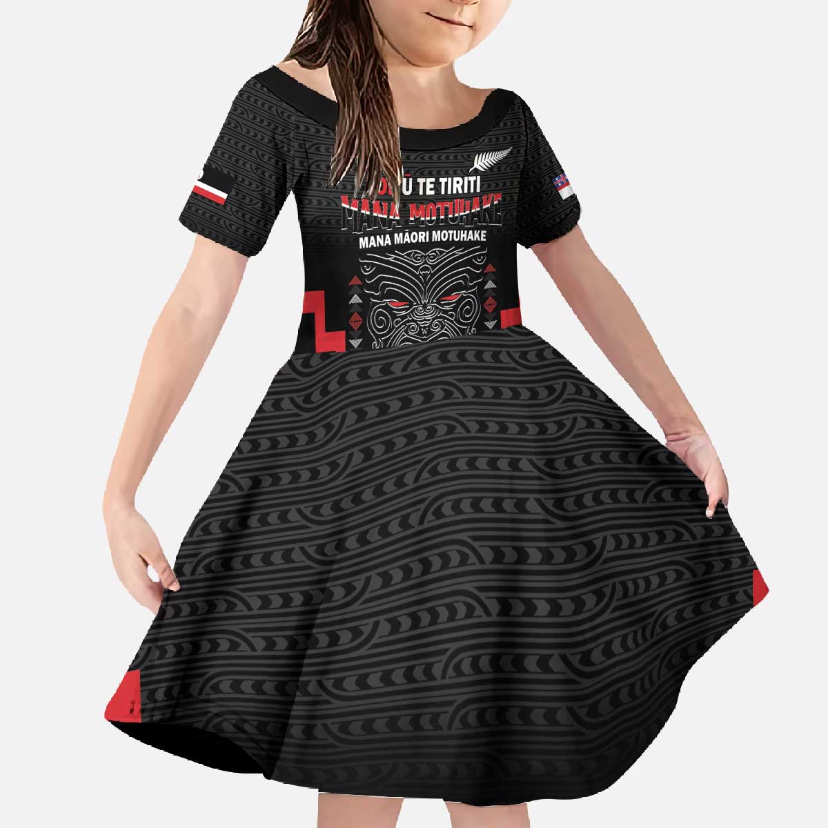 Personalised Toitu Te Tiriti Mana Maori Motuhake Family Matching Off The Shoulder Long Sleeve Dress and Hawaiian Shirt Aotearoa Haka Face Mix Poutama Art LT14 Daughter's Dress Black - Polynesian Pride