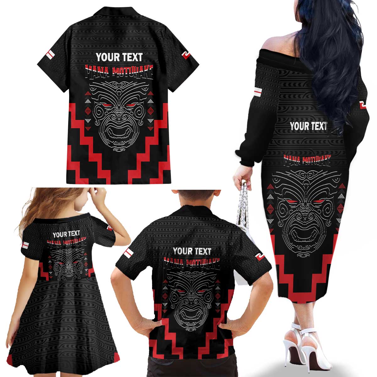 Personalised Toitu Te Tiriti Mana Maori Motuhake Family Matching Off The Shoulder Long Sleeve Dress and Hawaiian Shirt Aotearoa Haka Face Mix Poutama Art LT14 - Polynesian Pride