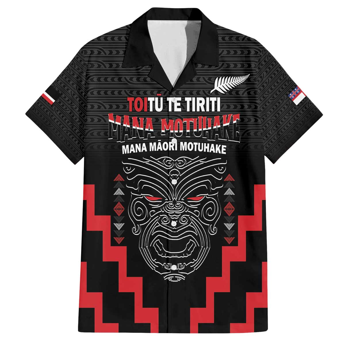 Personalised Toitu Te Tiriti Mana Maori Motuhake Family Matching Off The Shoulder Long Sleeve Dress and Hawaiian Shirt Aotearoa Haka Face Mix Poutama Art LT14 Dad's Shirt - Short Sleeve Black - Polynesian Pride