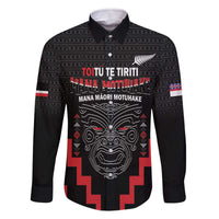 Personalised Toitu Te Tiriti Mana Maori Motuhake Family Matching Off The Shoulder Long Sleeve Dress and Hawaiian Shirt Aotearoa Haka Face Mix Poutama Art LT14 Dad's Shirt - Long Sleeve Black - Polynesian Pride