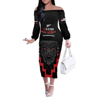 Personalised Toitu Te Tiriti Mana Maori Motuhake Family Matching Off The Shoulder Long Sleeve Dress and Hawaiian Shirt Aotearoa Haka Face Mix Poutama Art LT14 Mom's Dress Black - Polynesian Pride