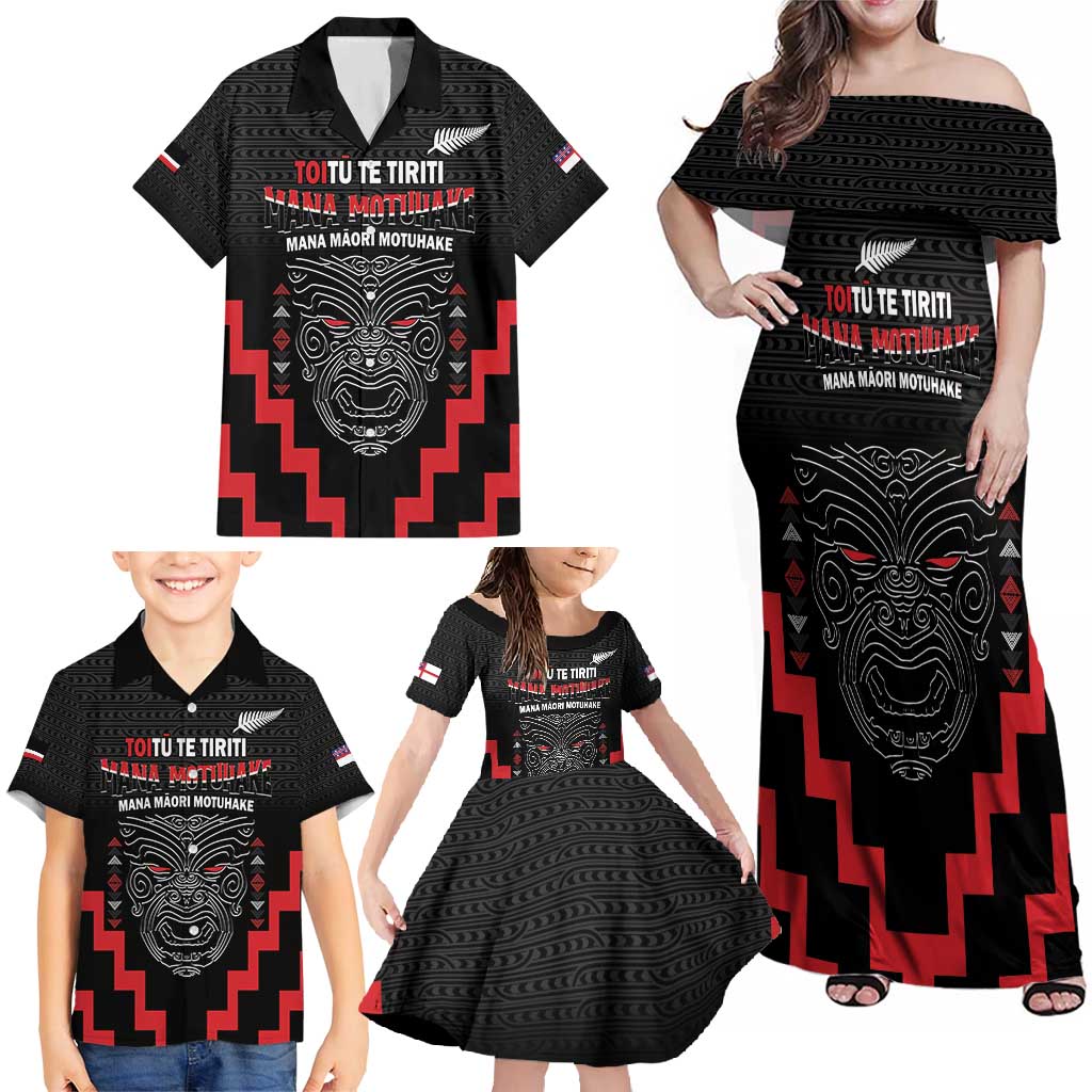 Personalised Toitu Te Tiriti Mana Maori Motuhake Family Matching Off Shoulder Maxi Dress and Hawaiian Shirt Aotearoa Haka Face Mix Poutama Art LT14 - Polynesian Pride
