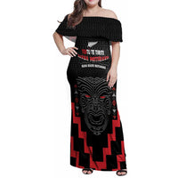 Personalised Toitu Te Tiriti Mana Maori Motuhake Family Matching Off Shoulder Maxi Dress and Hawaiian Shirt Aotearoa Haka Face Mix Poutama Art LT14 Mom's Dress Black - Polynesian Pride