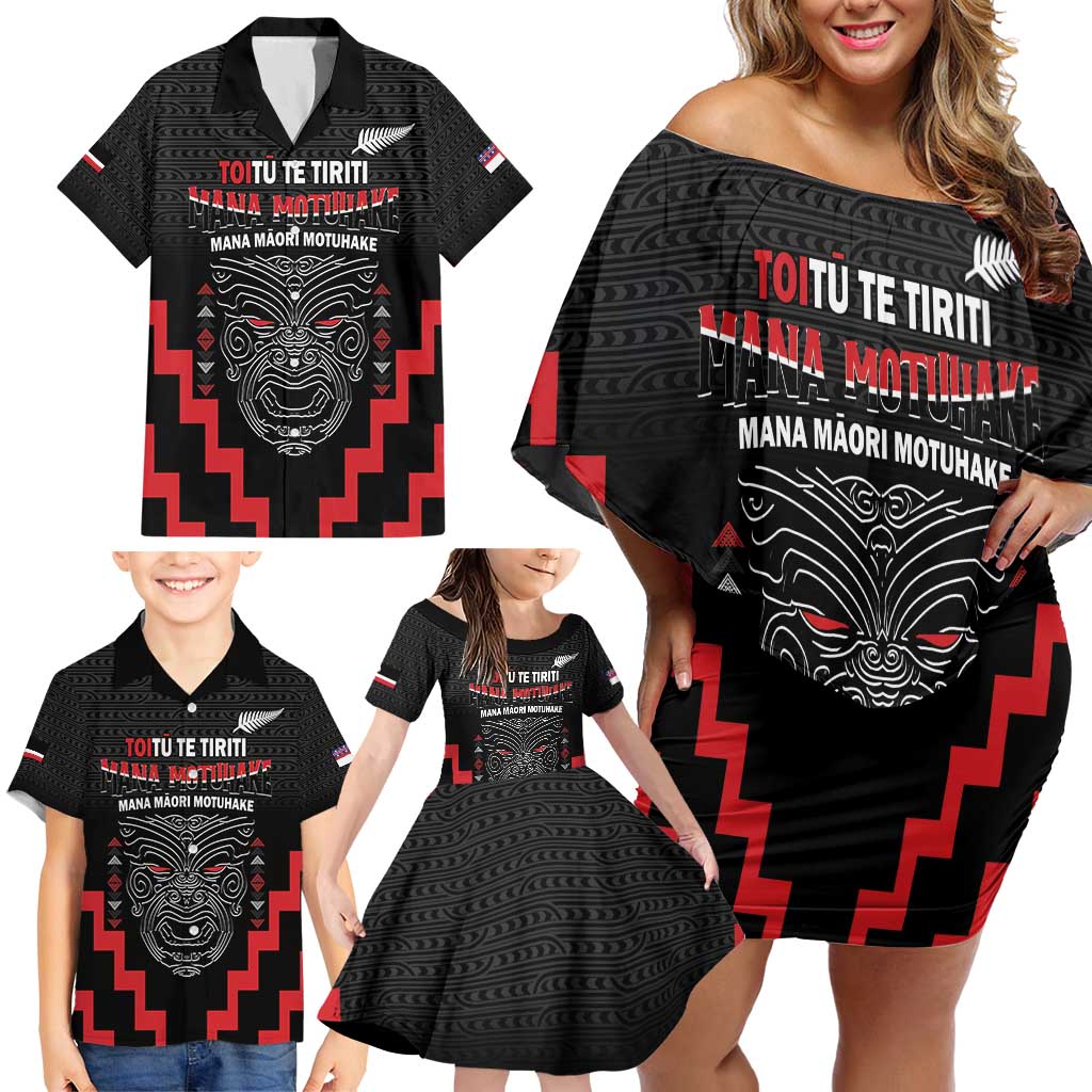 Personalised Toitu Te Tiriti Mana Maori Motuhake Family Matching Off Shoulder Short Dress and Hawaiian Shirt Aotearoa Haka Face Mix Poutama Art LT14 - Polynesian Pride
