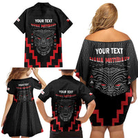 Personalised Toitu Te Tiriti Mana Maori Motuhake Family Matching Off Shoulder Short Dress and Hawaiian Shirt Aotearoa Haka Face Mix Poutama Art LT14 - Polynesian Pride