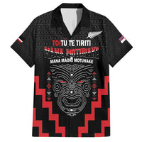 Personalised Toitu Te Tiriti Mana Maori Motuhake Family Matching Off Shoulder Short Dress and Hawaiian Shirt Aotearoa Haka Face Mix Poutama Art LT14 Dad's Shirt - Short Sleeve Black - Polynesian Pride