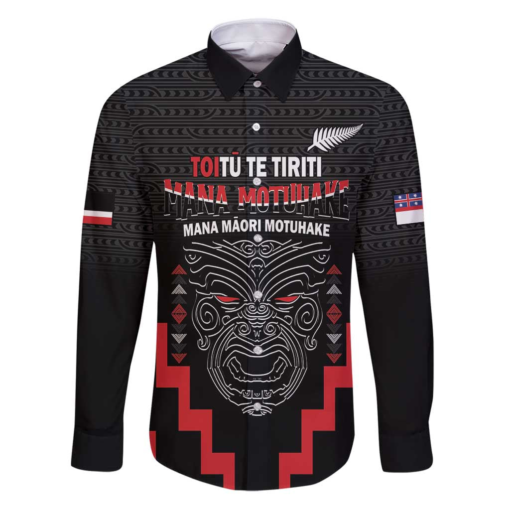 Personalised Toitu Te Tiriti Mana Maori Motuhake Family Matching Puletasi and Hawaiian Shirt Aotearoa Haka Face Mix Poutama Art LT14 Dad's Shirt - Long Sleeve Black - Polynesian Pride