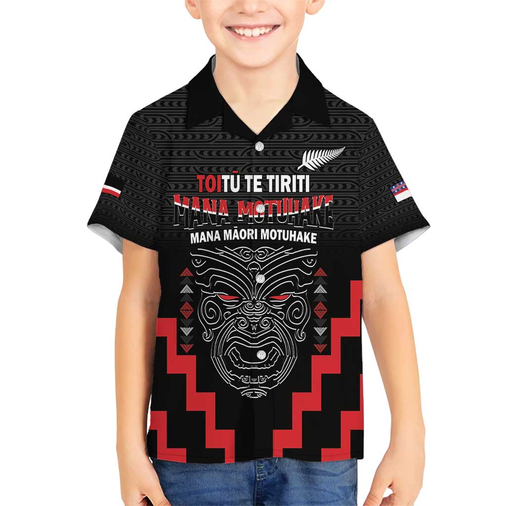 Personalised Toitu Te Tiriti Mana Maori Motuhake Family Matching Puletasi and Hawaiian Shirt Aotearoa Haka Face Mix Poutama Art LT14 Son's Shirt Black - Polynesian Pride