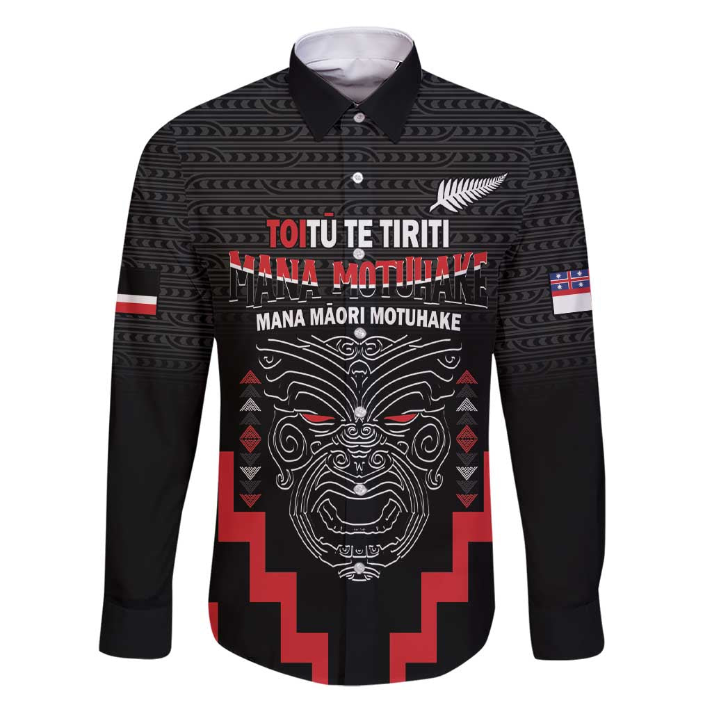 Personalised Toitu Te Tiriti Mana Maori Motuhake Family Matching Short Sleeve Bodycon Dress and Hawaiian Shirt Aotearoa Haka Face Mix Poutama Art LT14 Dad's Shirt - Long Sleeve Black - Polynesian Pride
