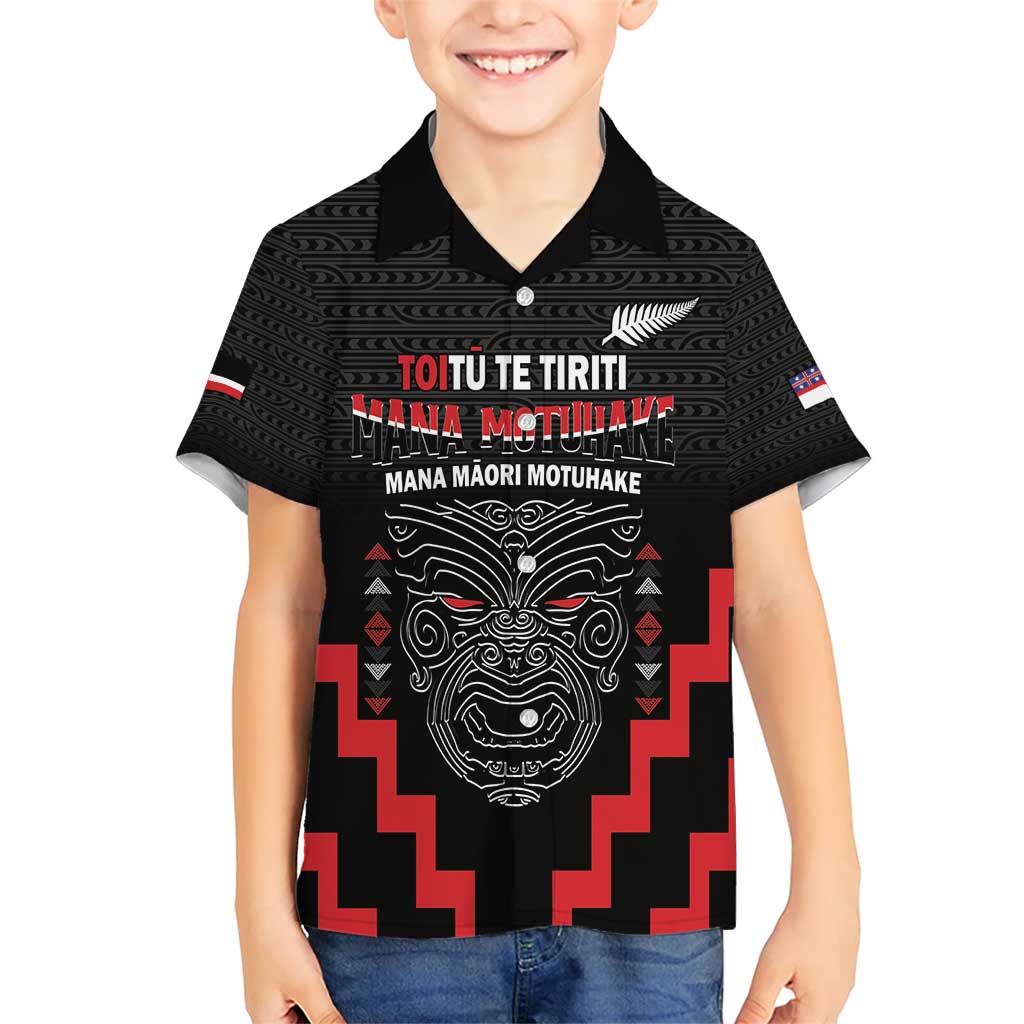 Personalised Toitu Te Tiriti Mana Maori Motuhake Family Matching Short Sleeve Bodycon Dress and Hawaiian Shirt Aotearoa Haka Face Mix Poutama Art LT14 Son's Shirt Black - Polynesian Pride