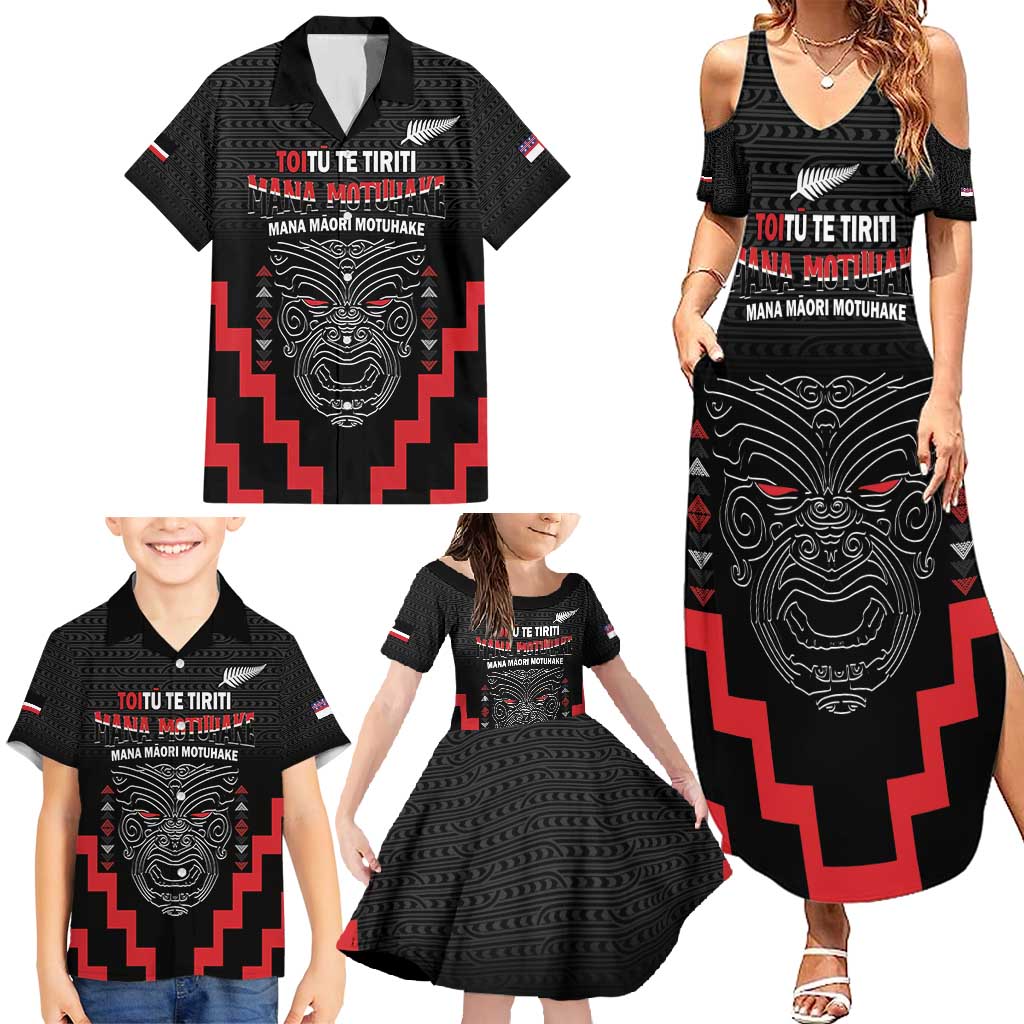 Personalised Toitu Te Tiriti Mana Maori Motuhake Family Matching Summer Maxi Dress and Hawaiian Shirt Aotearoa Haka Face Mix Poutama Art LT14 - Polynesian Pride