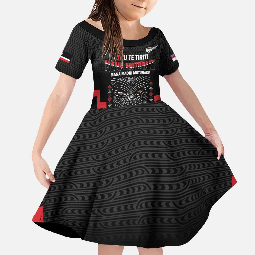Personalised Toitu Te Tiriti Mana Maori Motuhake Family Matching Tank Maxi Dress and Hawaiian Shirt Aotearoa Haka Face Mix Poutama Art LT14 Daughter's Dress Black - Polynesian Pride