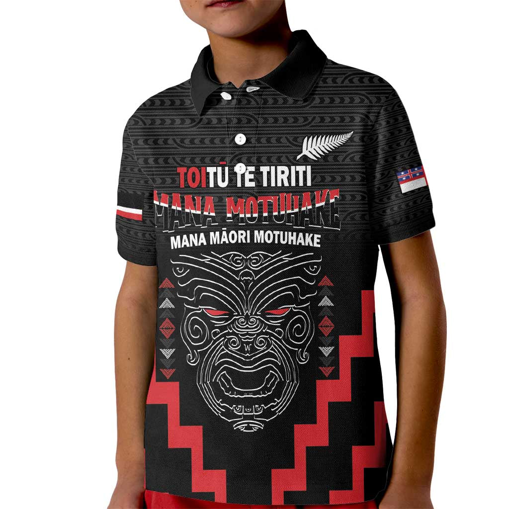 Personalised Toitu Te Tiriti Mana Maori Motuhake Kid Polo Shirt Aotearoa Haka Face Mix Poutama Art