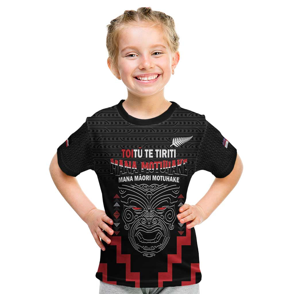 Personalised Toitu Te Tiriti Mana Maori Motuhake Kid T Shirt Aotearoa Haka Face Mix Poutama Art