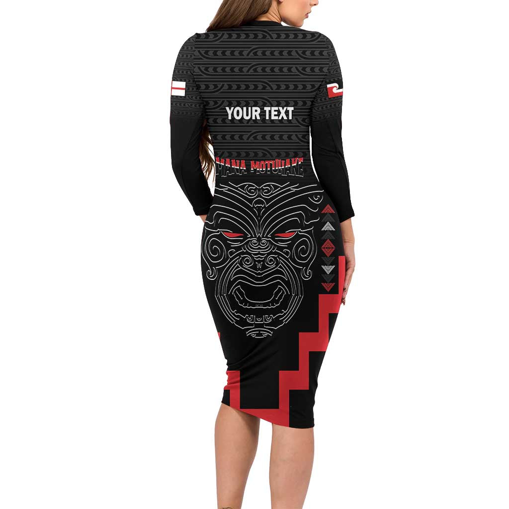 Personalised Toitu Te Tiriti Mana Maori Motuhake Long Sleeve Bodycon Dress Aotearoa Haka Face Mix Poutama Art LT14 - Polynesian Pride