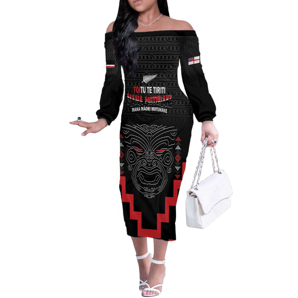Personalised Toitu Te Tiriti Mana Maori Motuhake Off The Shoulder Long Sleeve Dress Aotearoa Haka Face Mix Poutama Art LT14 Women Black - Polynesian Pride