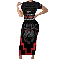 Personalised Toitu Te Tiriti Mana Maori Motuhake Short Sleeve Bodycon Dress Aotearoa Haka Face Mix Poutama Art LT14 Long Dress Black - Polynesian Pride