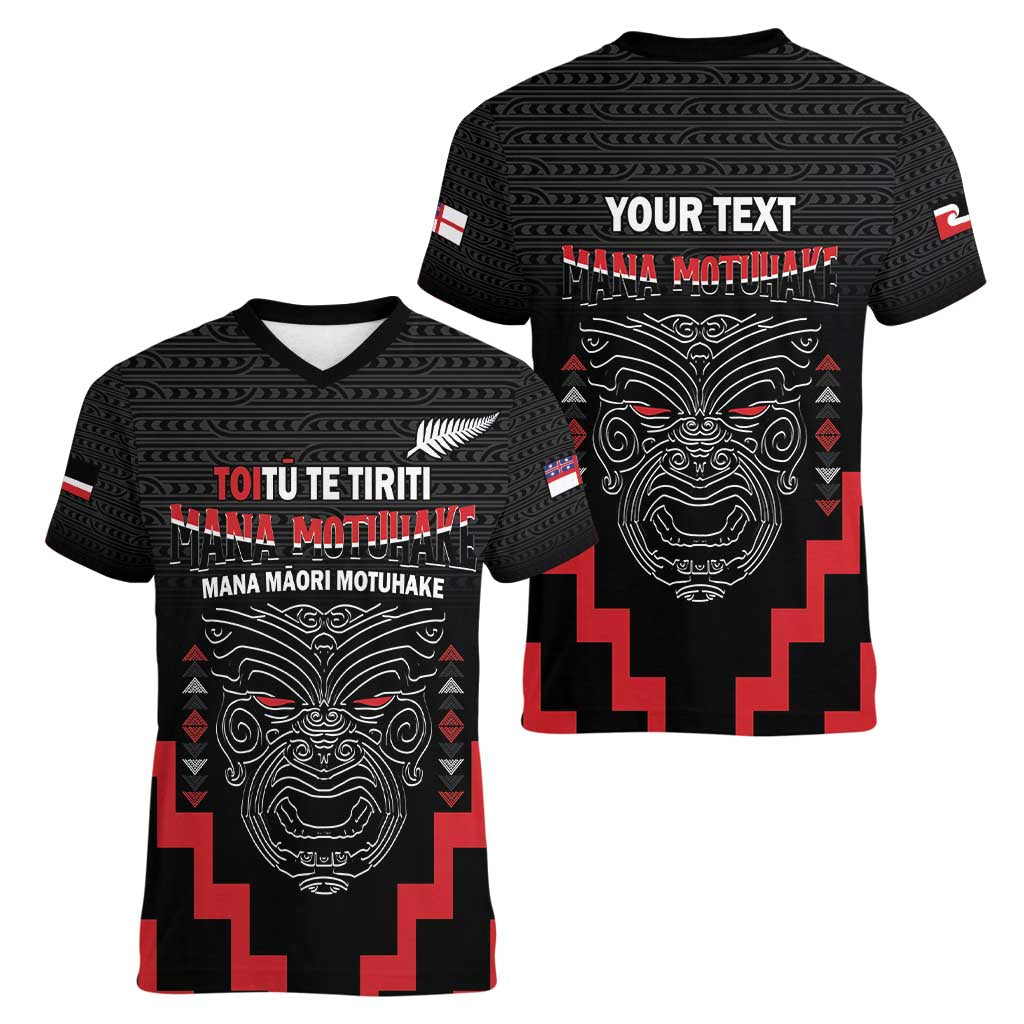 Personalised Toitu Te Tiriti Mana Maori Motuhake Women V-Neck T-Shirt Aotearoa Haka Face Mix Poutama Art
