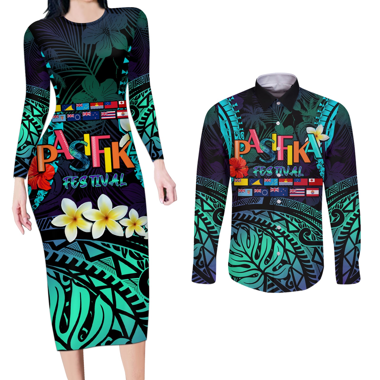Personalised Pasifika Festival Auckland Couples Matching Long Sleeve Bodycon Dress and Long Sleeve Button Shirt 2024 Pacific Islands Polynesian Pattern LT14 Purple - Polynesian Pride