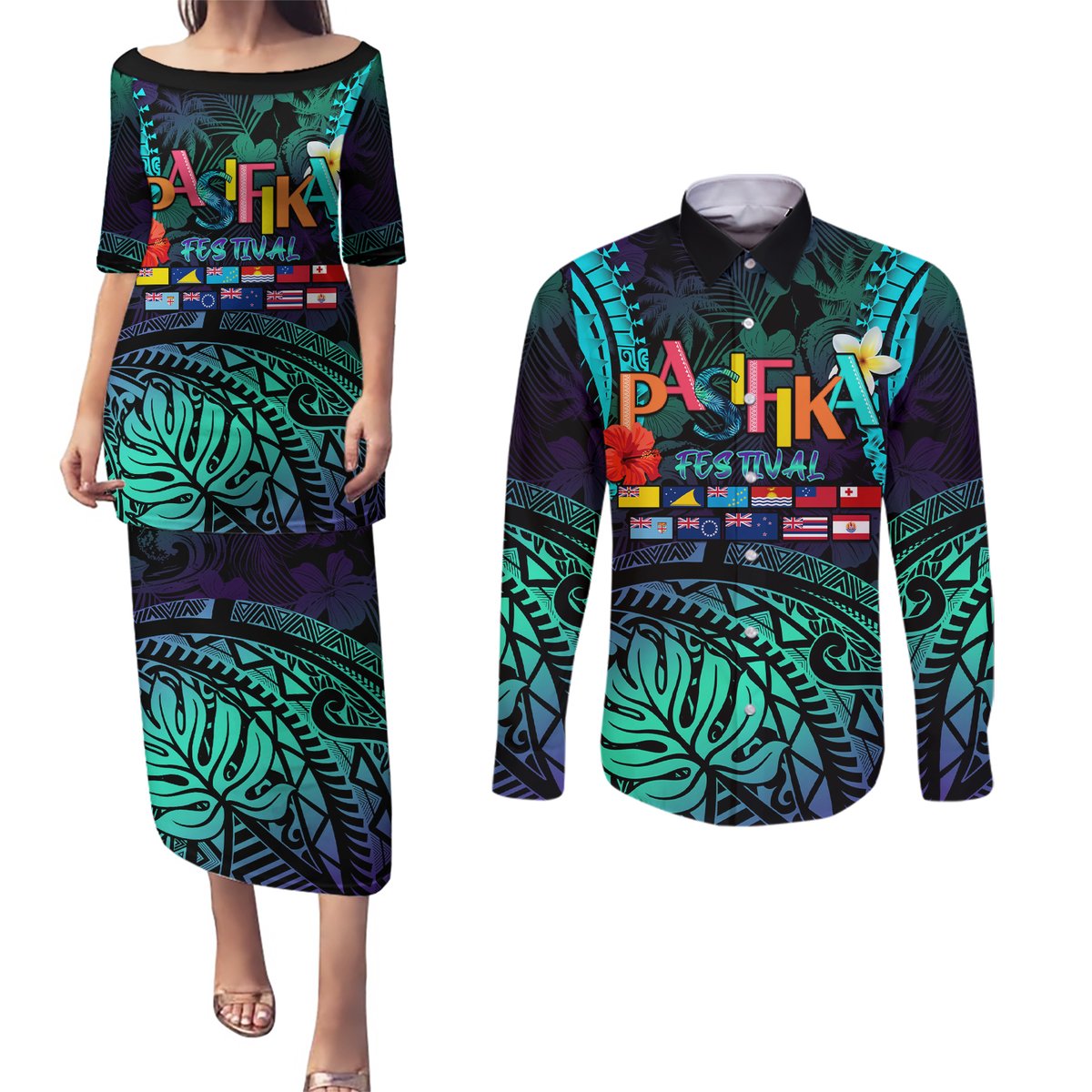 Personalised Pasifika Festival Auckland Couples Matching Puletasi and Long Sleeve Button Shirt 2024 Pacific Islands Polynesian Pattern LT14 Purple - Polynesian Pride