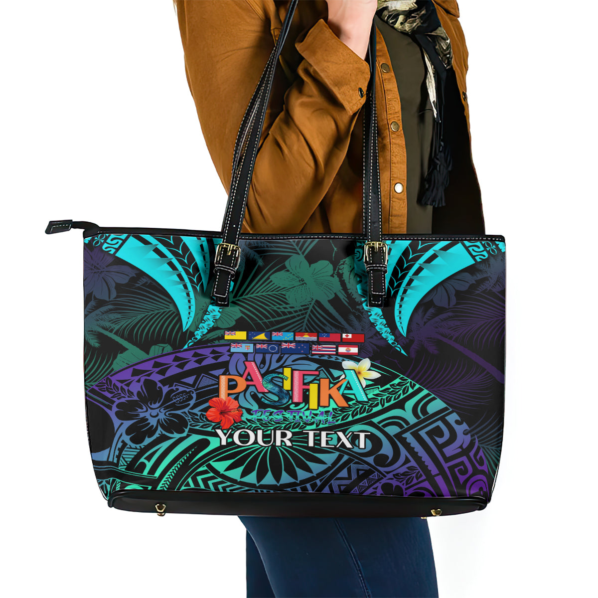 Personalised Pasifika Festival Auckland Leather Tote Bag 2024 Pacific Islands Polynesian Pattern LT14 - Polynesian Pride