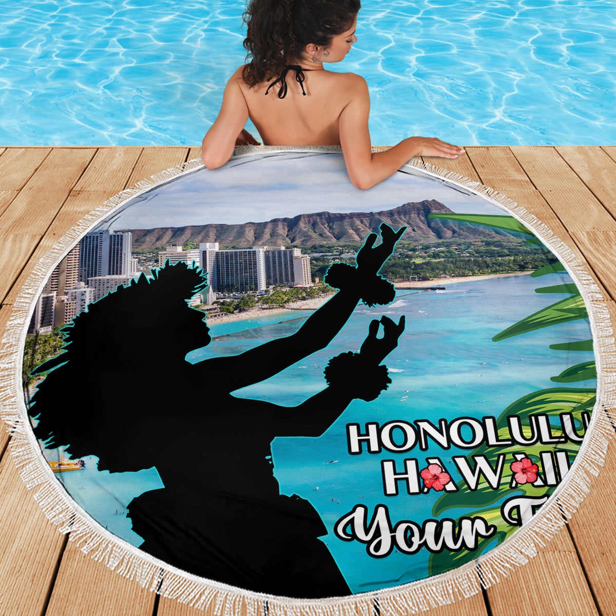 Personalised Honolulu Aloha Hawaii Beach Blanket Tropical Leaves With Hula Girl LT14 - Polynesian Pride