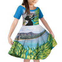 Personalised Honolulu Aloha Hawaii Family Matching Tank Maxi Dress and Hawaiian Shirt Tropical Leaves With Hula Girl LT14 Daughter's Dress Blue - Polynesian Pride