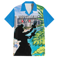 Personalised Honolulu Aloha Hawaii Family Matching Tank Maxi Dress and Hawaiian Shirt Tropical Leaves With Hula Girl LT14 Dad's Shirt - Short Sleeve Blue - Polynesian Pride