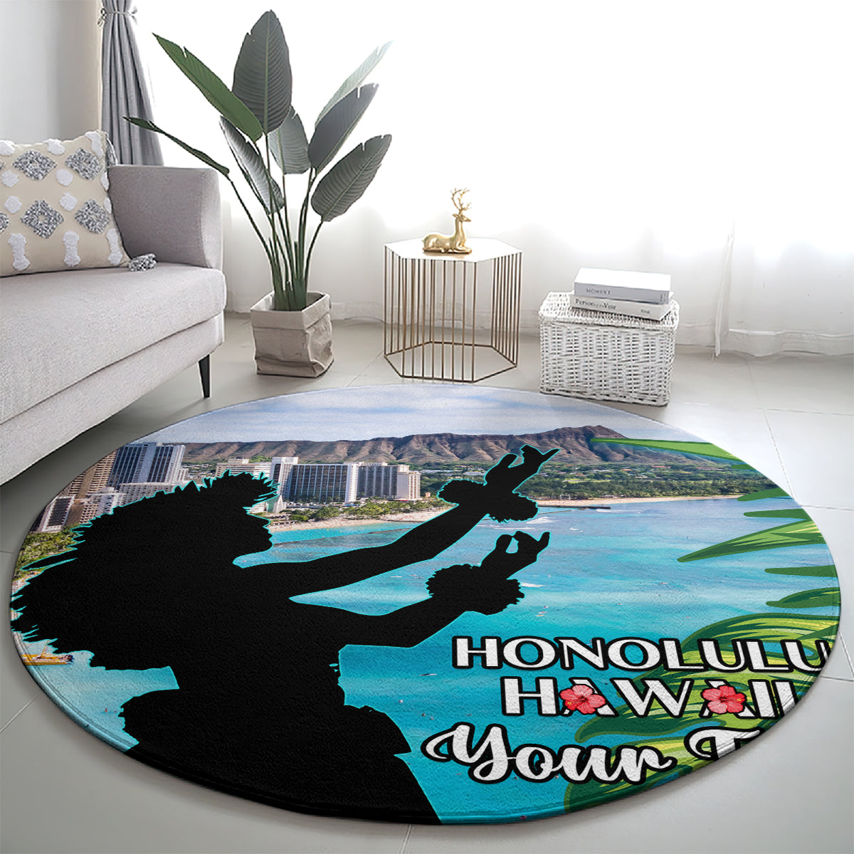 Personalised Honolulu Aloha Hawaii Round Carpet Tropical Leaves With Hula Girl LT14 - Polynesian Pride