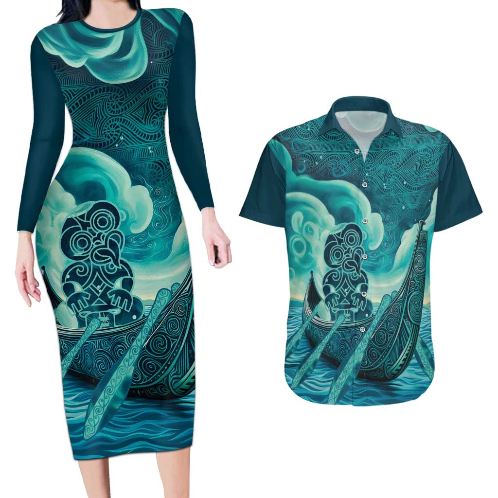 Personalised New Zealand Waitangi Day Couples Matching Long Sleeve Bodycon Dress and Hawaiian Shirt Hei Tiki With Maori Waka - Whakarare Pattern LT14 Dark Cyan - Polynesian Pride