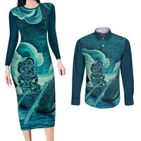 Personalised New Zealand Waitangi Day Couples Matching Long Sleeve Bodycon Dress and Long Sleeve Button Shirt Hei Tiki With Maori Waka - Whakarare Pattern LT14 Dark Cyan - Polynesian Pride