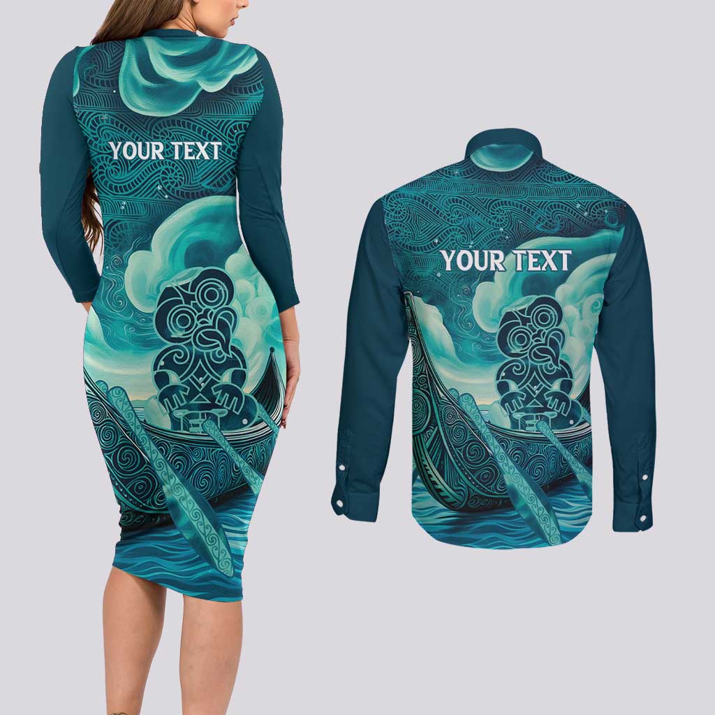 Personalised New Zealand Waitangi Day Couples Matching Long Sleeve Bodycon Dress and Long Sleeve Button Shirt Hei Tiki With Maori Waka - Whakarare Pattern LT14 - Polynesian Pride
