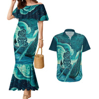 Personalised New Zealand Waitangi Day Couples Matching Mermaid Dress and Hawaiian Shirt Hei Tiki With Maori Waka - Whakarare Pattern LT14 Dark Cyan - Polynesian Pride