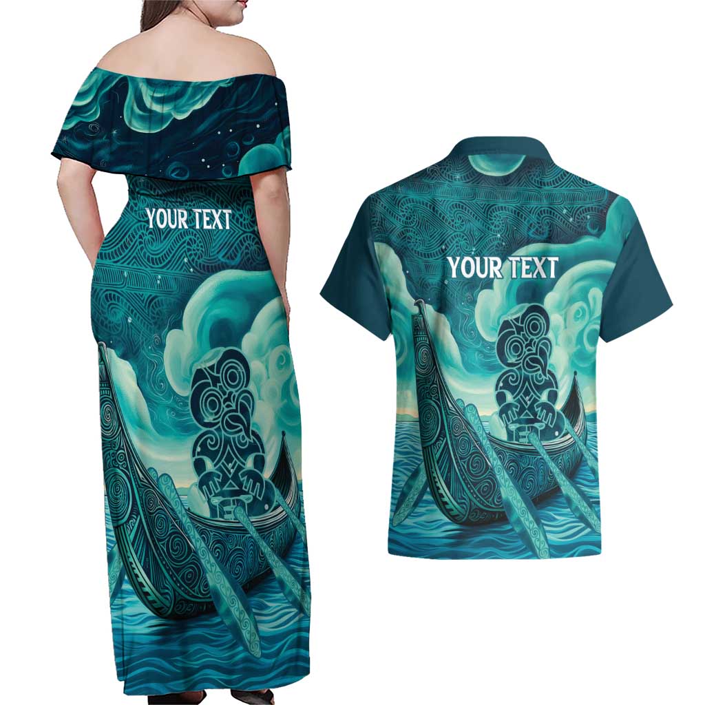 Personalised New Zealand Waitangi Day Couples Matching Off Shoulder Maxi Dress and Hawaiian Shirt Hei Tiki With Maori Waka - Whakarare Pattern LT14 - Polynesian Pride