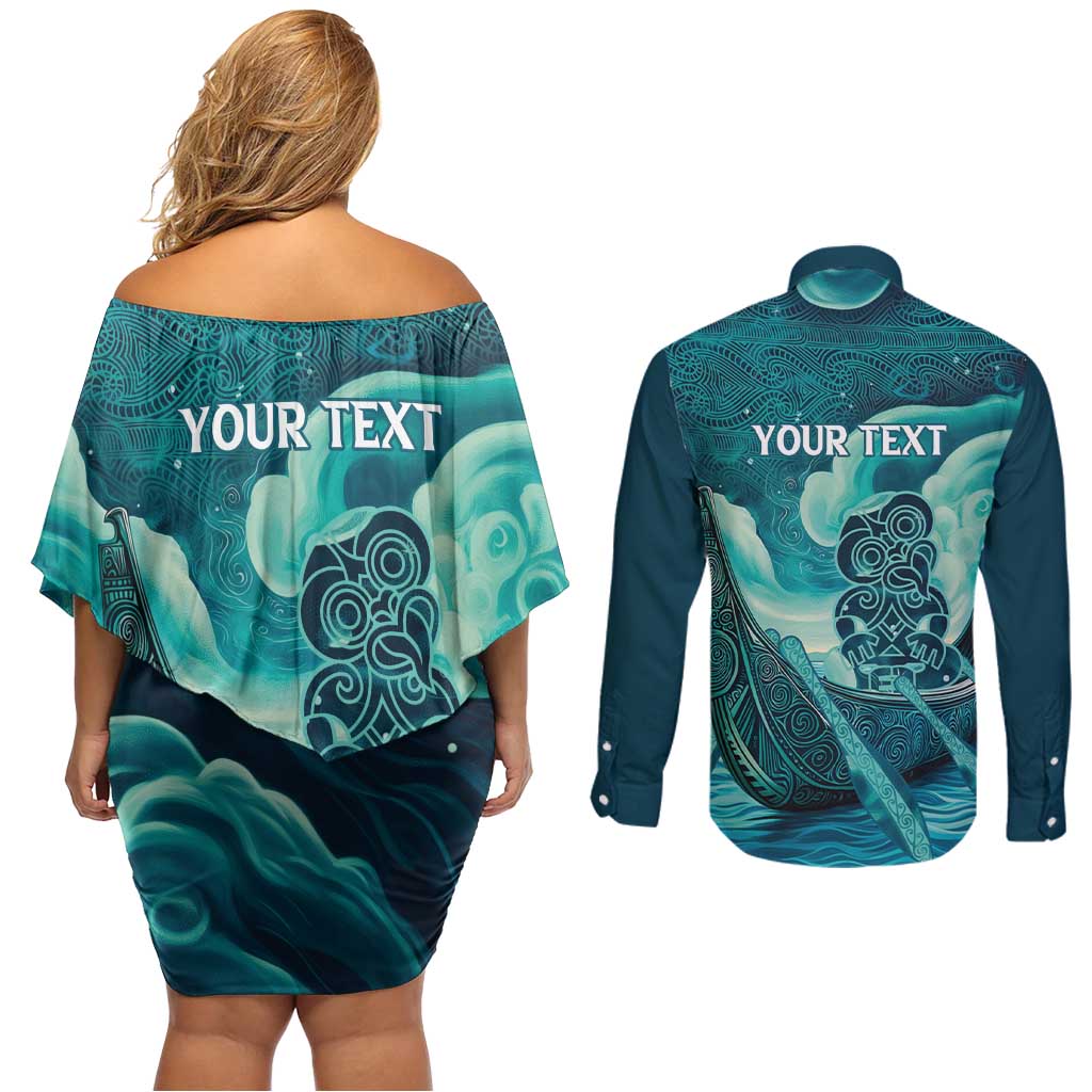 Personalised New Zealand Waitangi Day Couples Matching Off Shoulder Short Dress and Long Sleeve Button Shirt Hei Tiki With Maori Waka - Whakarare Pattern LT14 - Polynesian Pride