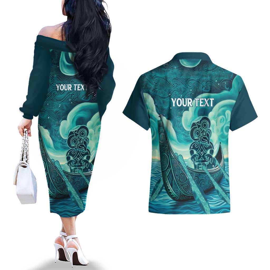 Personalised New Zealand Waitangi Day Couples Matching Off The Shoulder Long Sleeve Dress and Hawaiian Shirt Hei Tiki With Maori Waka - Whakarare Pattern LT14 - Polynesian Pride