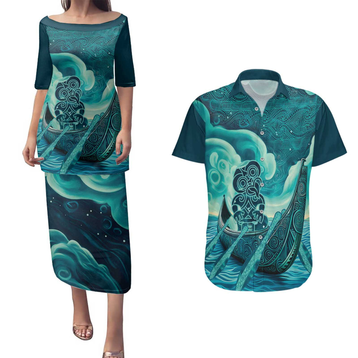 Personalised New Zealand Waitangi Day Couples Matching Puletasi and Hawaiian Shirt Hei Tiki With Maori Waka - Whakarare Pattern LT14 Dark Cyan - Polynesian Pride